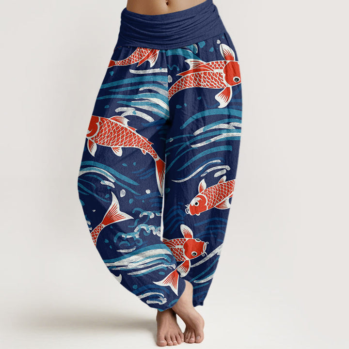 Pantalon Buddha Stones décontracté à taille élastique pour femme avec motif de vagues et de carpes koï - Marine - US22，UK/AU26，EU54 (6XL) - image 1