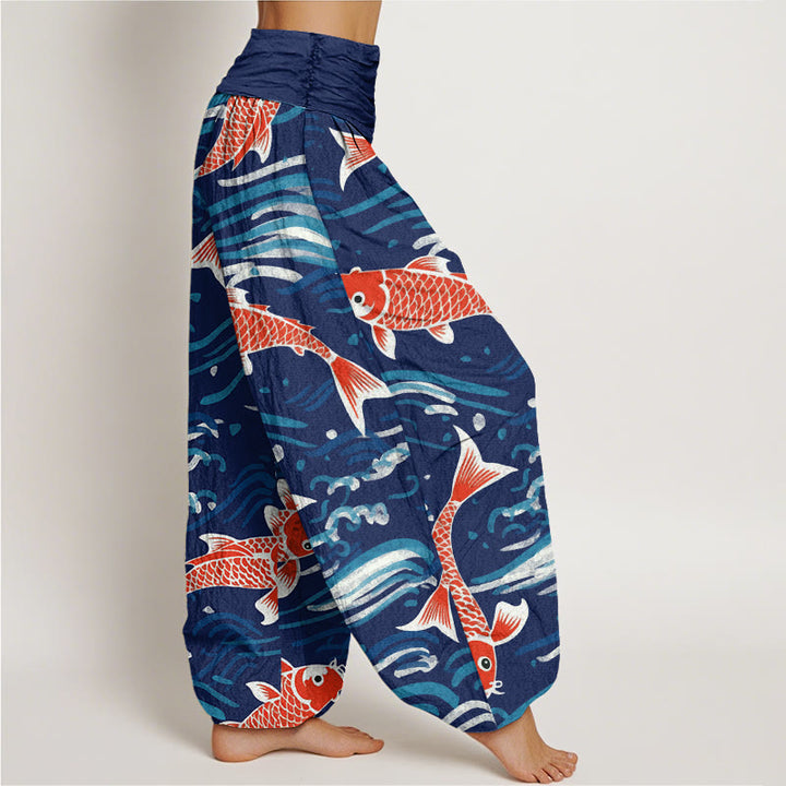 Pantalon Buddha Stones décontracté à taille élastique pour femme avec motif de vagues et de carpes koï - image 2