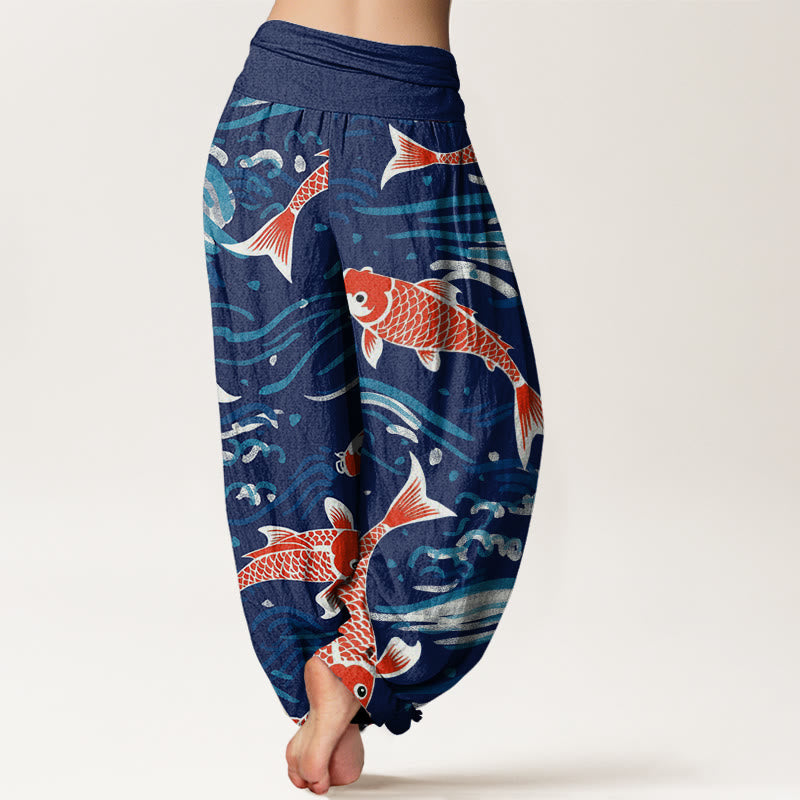 Pantalon Buddha Stones décontracté à taille élastique pour femme avec motif de vagues et de carpes koï - image 3
