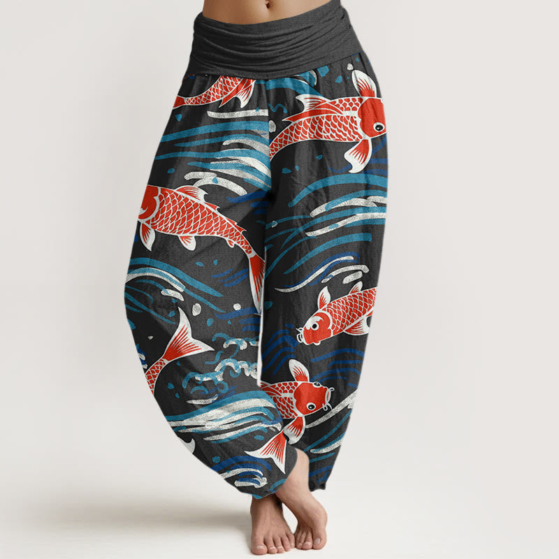 Pantalon Buddha Stones décontracté à taille élastique pour femme avec motif de vagues et de carpes koï - Noir - US22，UK/AU26，EU54 (6XL) - image 5