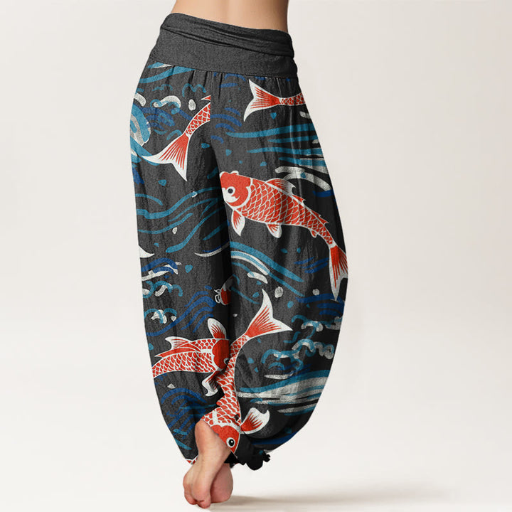 Pantalon Buddha Stones décontracté à taille élastique pour femme avec motif de vagues et de carpes koï - image 7