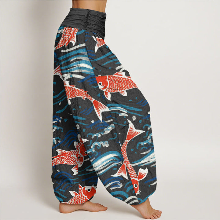 Pantalon Buddha Stones décontracté à taille élastique pour femme avec motif de vagues et de carpes koï - image 6