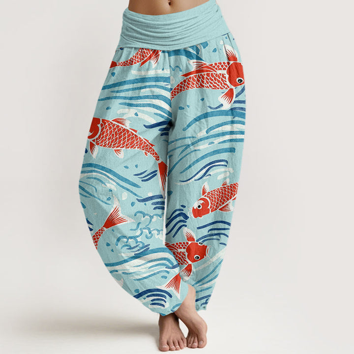 Pantalon Buddha Stones décontracté à taille élastique pour femme avec motif de vagues et de carpes koï - Turquoise - US22，UK/AU26，EU54 (6XL) - image 8
