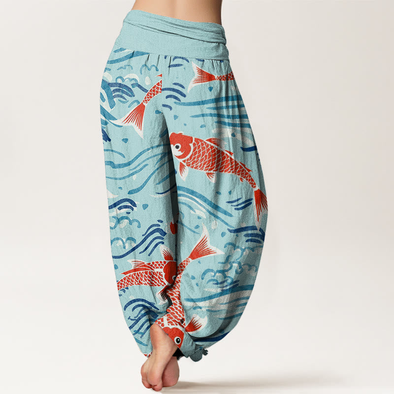 Pantalon Buddha Stones décontracté à taille élastique pour femme avec motif de vagues et de carpes koï - image 10