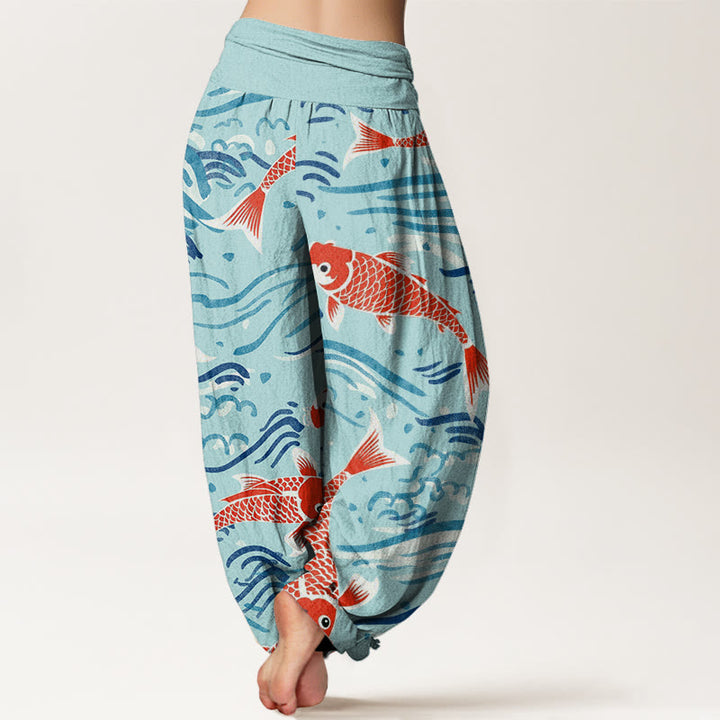 Pantalon Buddha Stones décontracté à taille élastique pour femme avec motif de vagues et de carpes koï - image 10