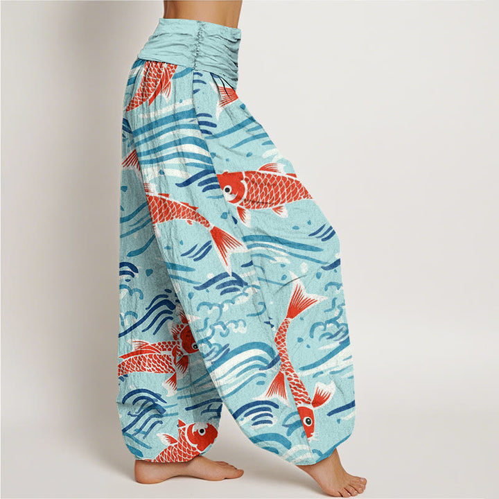 Pantalon Buddha Stones décontracté à taille élastique pour femme avec motif de vagues et de carpes koï - image 9