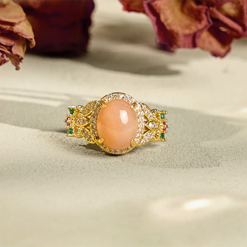 Bague ajustable en pierre de lune pêche, sertie de Buddha Stones