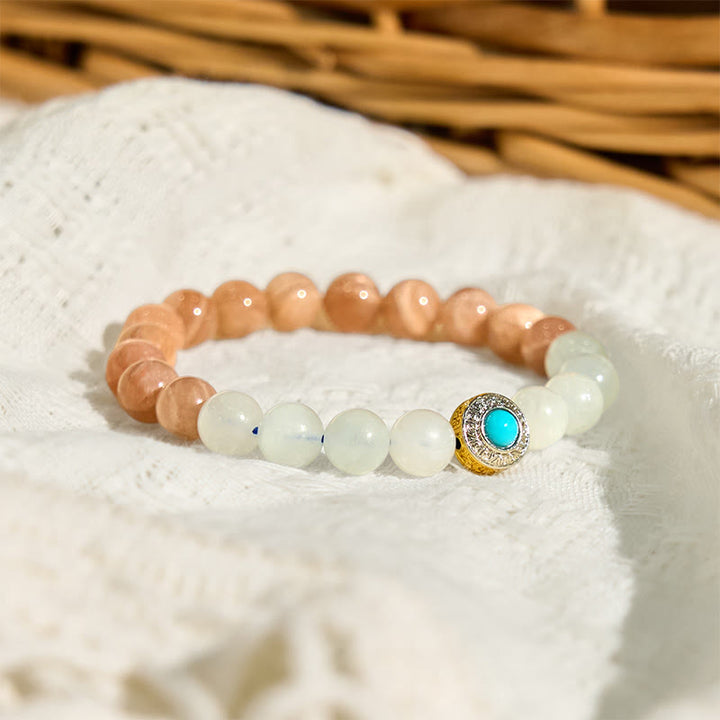Bracelet apaisant en pierre de lune pêche naturelle et aigue-marine de Buddha Stones