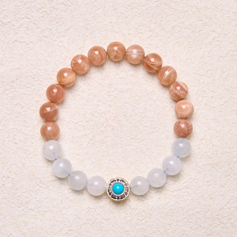Bracelet apaisant en pierre de lune pêche naturelle et aigue-marine de Buddha Stones