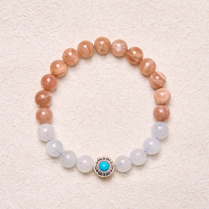 Bracelet apaisant en pierre de lune pêche naturelle et aigue-marine de Buddha Stones