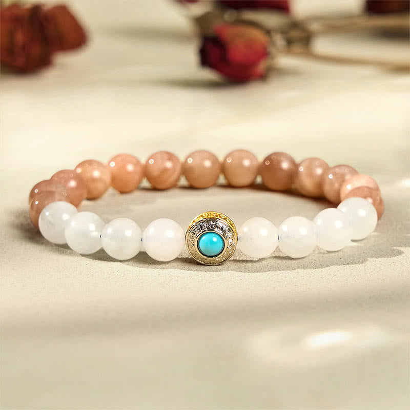 Bracelet apaisant en pierre de lune pêche naturelle et aigue-marine de Buddha Stones