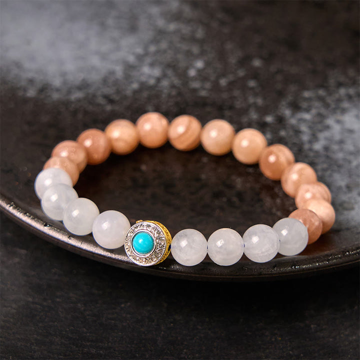 Bracelet apaisant en pierre de lune pêche naturelle et aigue-marine de Buddha Stones
