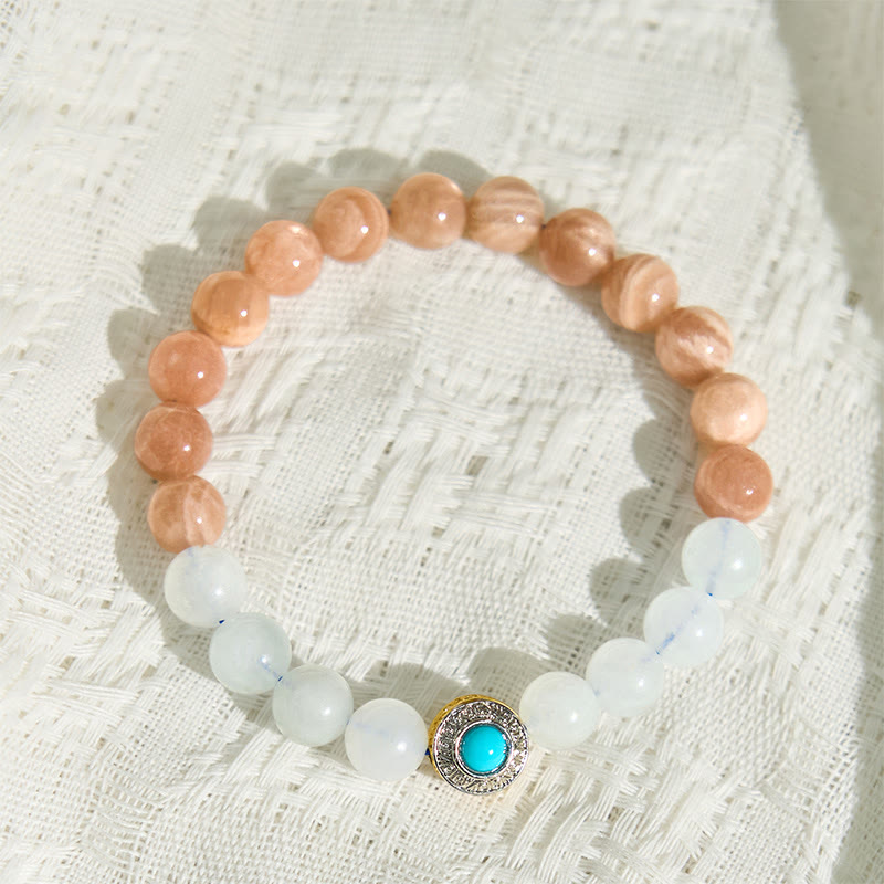 Bracelet apaisant en pierre de lune pêche naturelle et aigue-marine de Buddha Stones