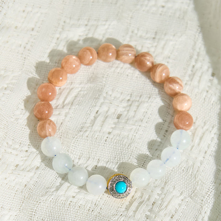 Bracelet apaisant en pierre de lune pêche naturelle et aigue-marine de Buddha Stones