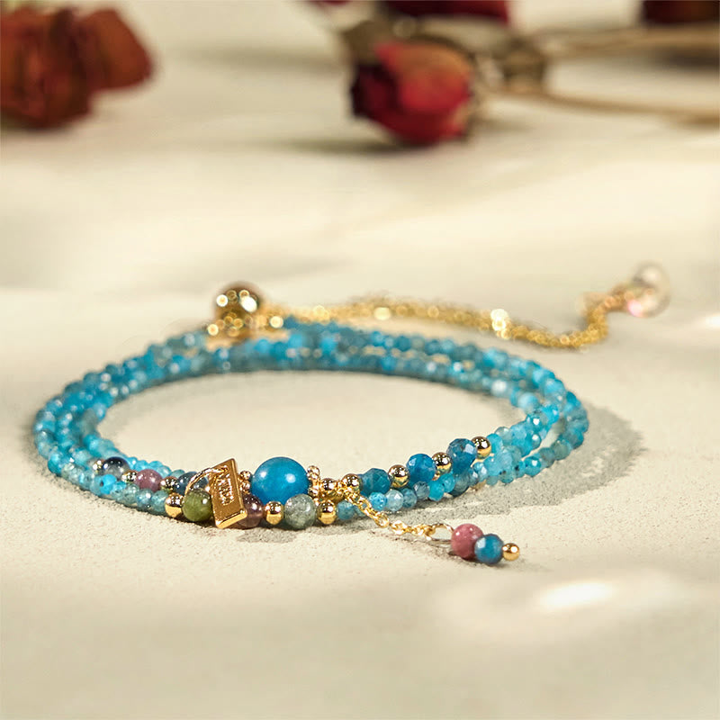 Bracelet triple tour en perles d'apatite naturelle ultra-fines de 3 mm en pierre de Bouddha, plaqué or 14 carats, créatif