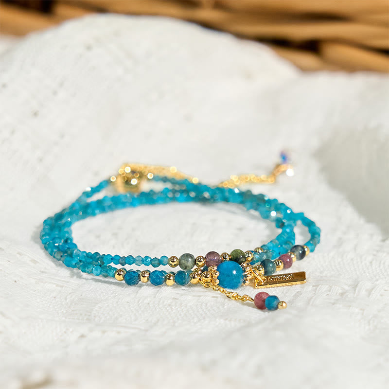 Bracelet triple tour en perles d'apatite naturelle ultra-fines de 3 mm en pierre de Bouddha, plaqué or 14 carats, créatif