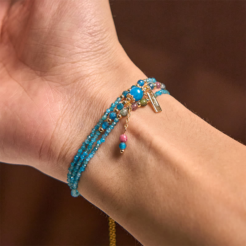 Bracelet triple tour en perles d'apatite naturelle ultra-fines de 3 mm en pierre de Bouddha, plaqué or 14 carats, créatif