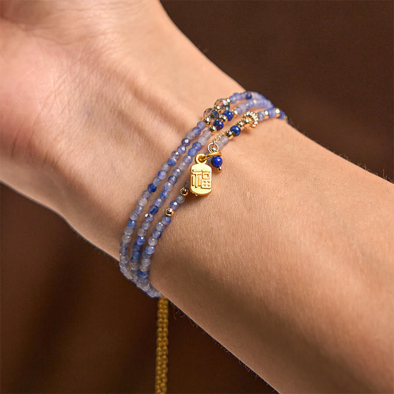 Bracelet triple tour en Buddha Stones, perles ultra-fines de 3 mm, lazurite naturelle, caractère Fu positif