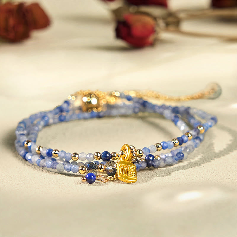 Bracelet triple tour en perles ultra-fines de 3 mm en lazurite naturelle (lapis-lazuli) avec symbole Fu positif - image 1