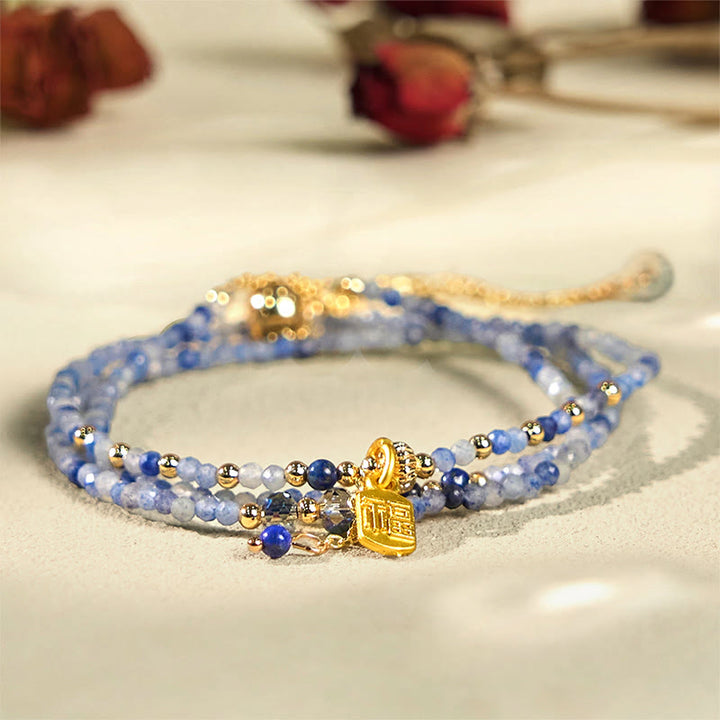 Bracelet triple tour en perles ultra-fines de 3 mm en lazurite naturelle (lapis-lazuli) avec symbole Fu positif - image 1