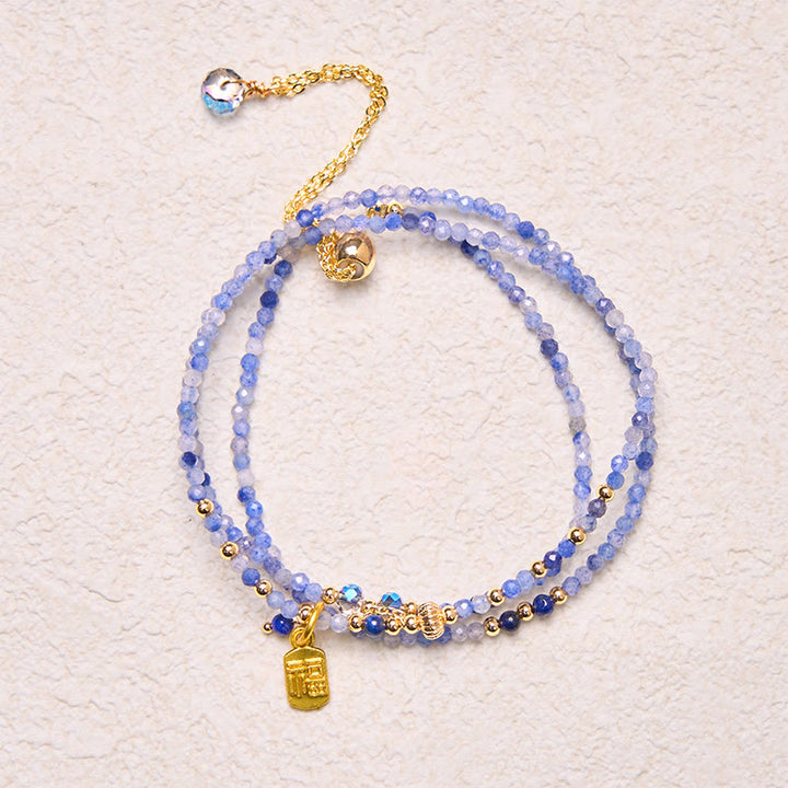 Bracelet triple tour en Buddha Stones, perles ultra-fines de 3 mm, lazurite naturelle, caractère Fu positif
