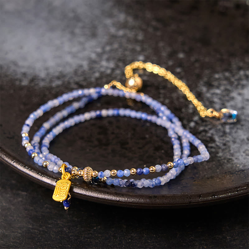 Bracelet triple tour en perles ultra-fines de 3 mm en lazurite naturelle (lapis-lazuli) avec symbole Fu positif - Lazurite 3 mm (Tour de poignet : 14-15 cm) - image 0