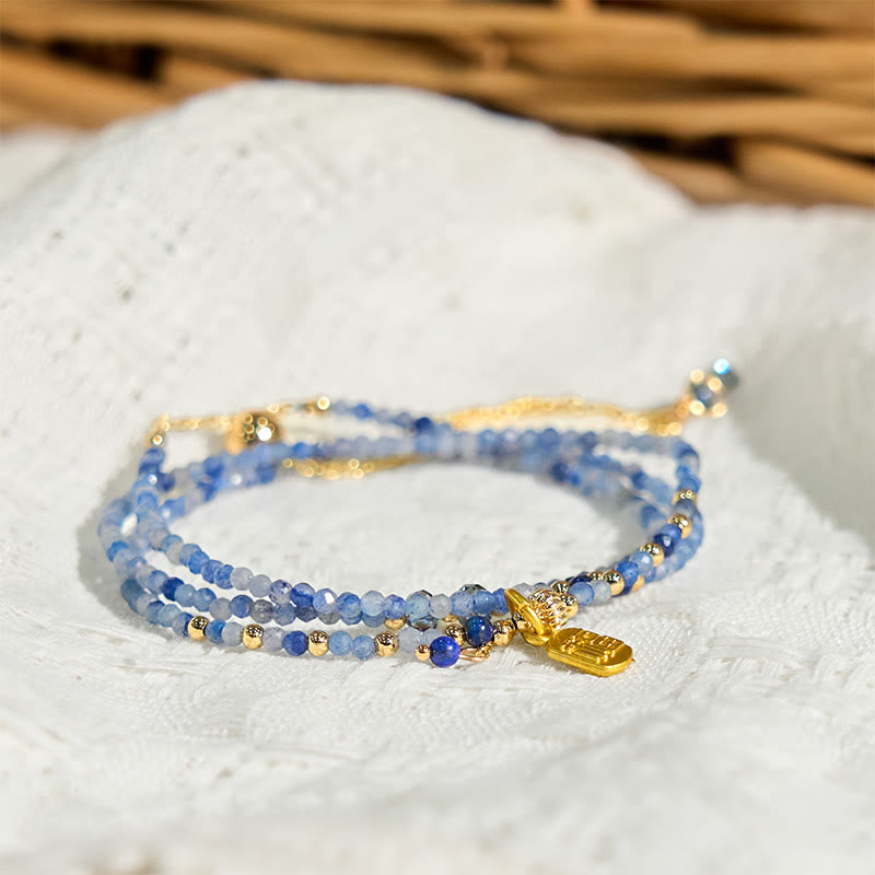 Bracelet triple tour en Buddha Stones, perles ultra-fines de 3 mm, lazurite naturelle, caractère Fu positif