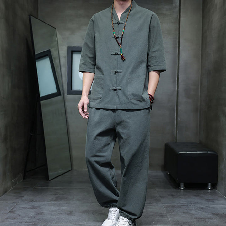 Ensemble 2 pièces de costume Tang à Buddha Stones de grenouille, chemise et pantalon avec poches, en coton et lin, pour homme, tenue de méditation - CadetBlue - US/UK/AU46，EU56 (5XL) - image 0