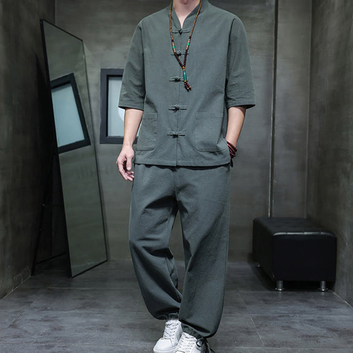 Ensemble 2 pièces de costume Tang à Buddha Stones de grenouille, chemise et pantalon avec poches, en coton et lin, pour homme, tenue de méditation - image 4