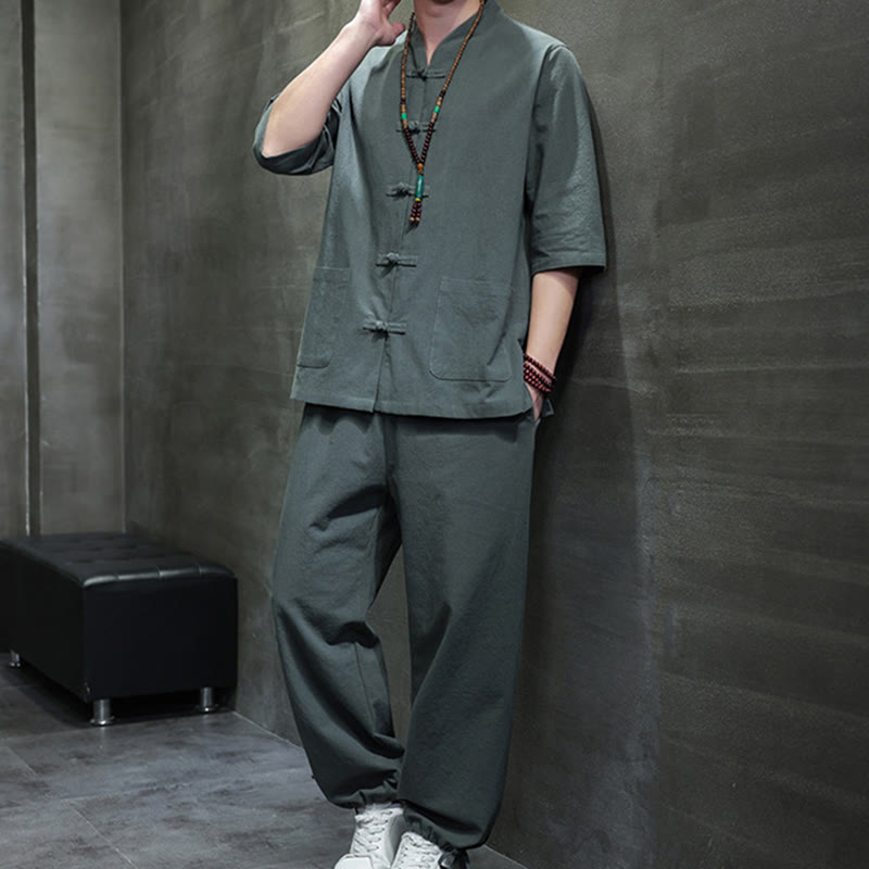 Ensemble 2 pièces de costume Tang à Buddha Stones de grenouille, chemise et pantalon avec poches, en coton et lin, pour homme, tenue de méditation - image 1