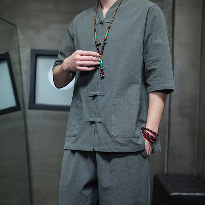 Ensemble 2 pièces de costume Tang à Buddha Stones de grenouille, chemise et pantalon avec poches, en coton et lin, pour homme, tenue de méditation - image 8