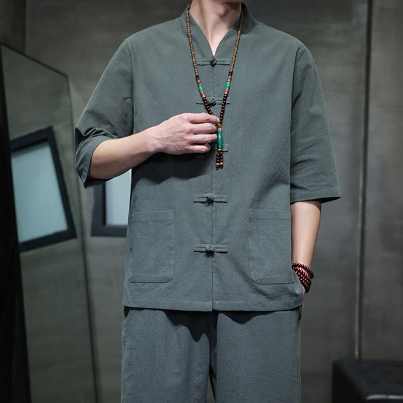 Ensemble 2 pièces de costume Tang à Buddha Stones de grenouille, chemise et pantalon avec poches, en coton et lin, pour homme, tenue de méditation - image 7