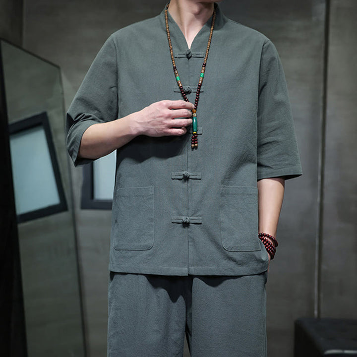 Ensemble 2 pièces de costume Tang à Buddha Stones de grenouille, chemise et pantalon avec poches, en coton et lin, pour homme, tenue de méditation - image 7