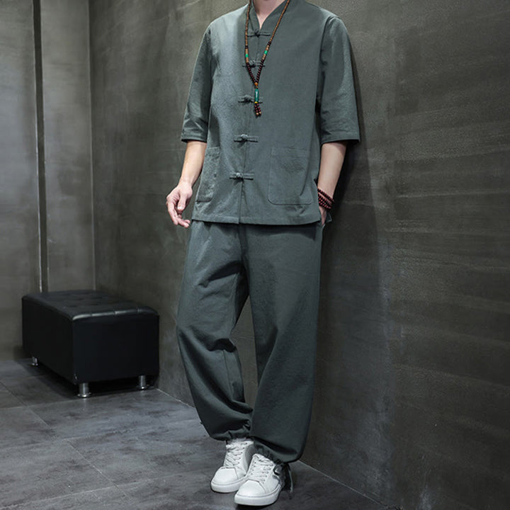 Ensemble 2 pièces de costume Tang à Buddha Stones de grenouille, chemise et pantalon avec poches, en coton et lin, pour homme, tenue de méditation - image 6