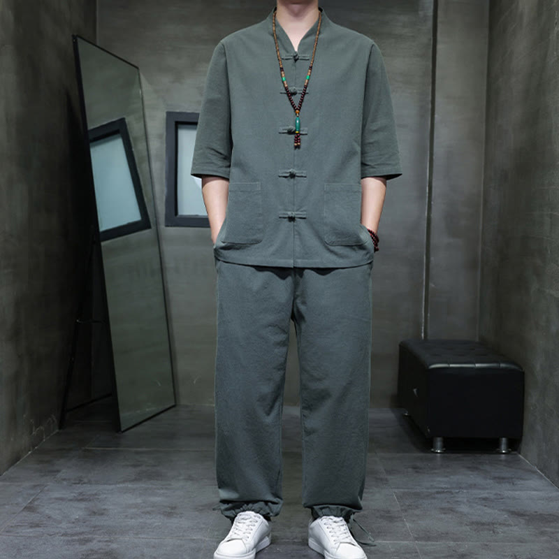 Ensemble 2 pièces de costume Tang à Buddha Stones de grenouille, chemise et pantalon avec poches, en coton et lin, pour homme, tenue de méditation - image 5