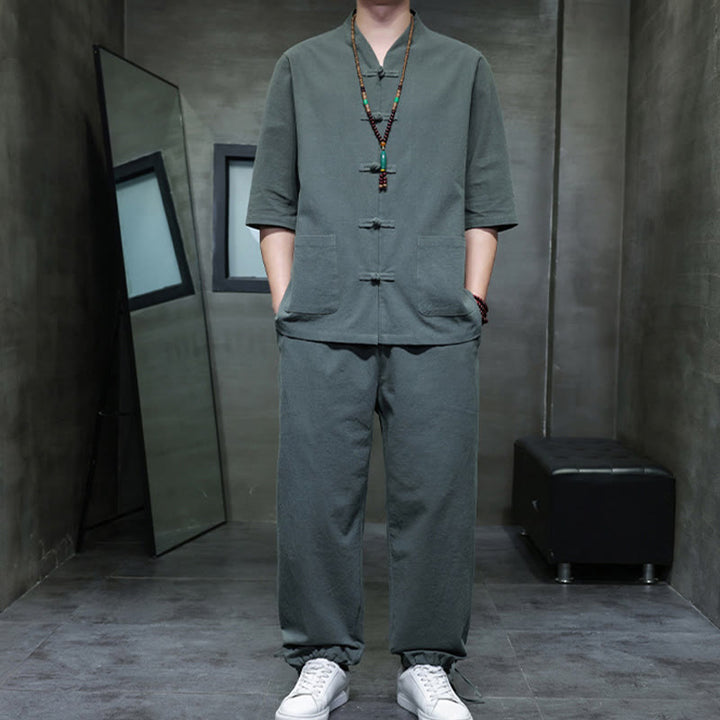 Ensemble 2 pièces de costume Tang à Buddha Stones de grenouille, chemise et pantalon avec poches, en coton et lin, pour homme, tenue de méditation - image 5