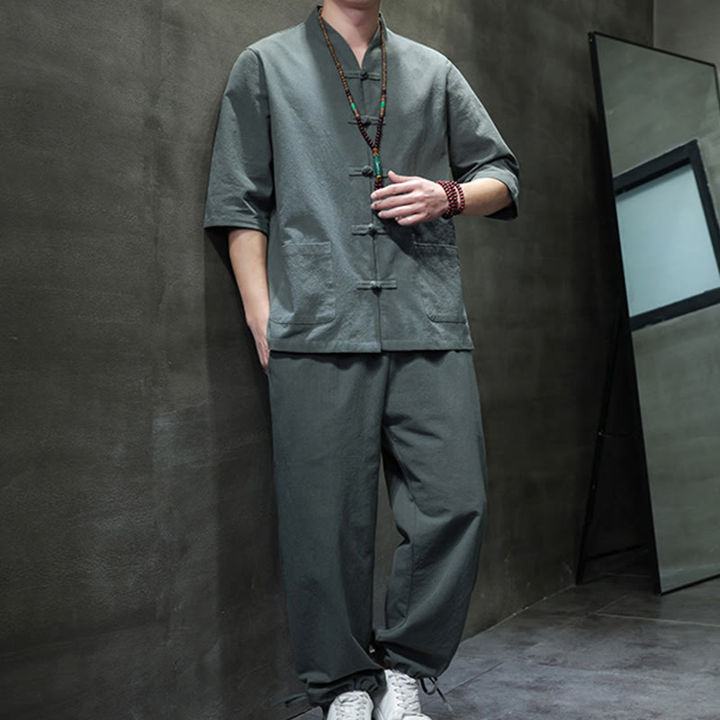 Ensemble 2 pièces de costume Tang à Buddha Stones de grenouille, chemise et pantalon avec poches, en coton et lin, pour homme, tenue de méditation - image 3