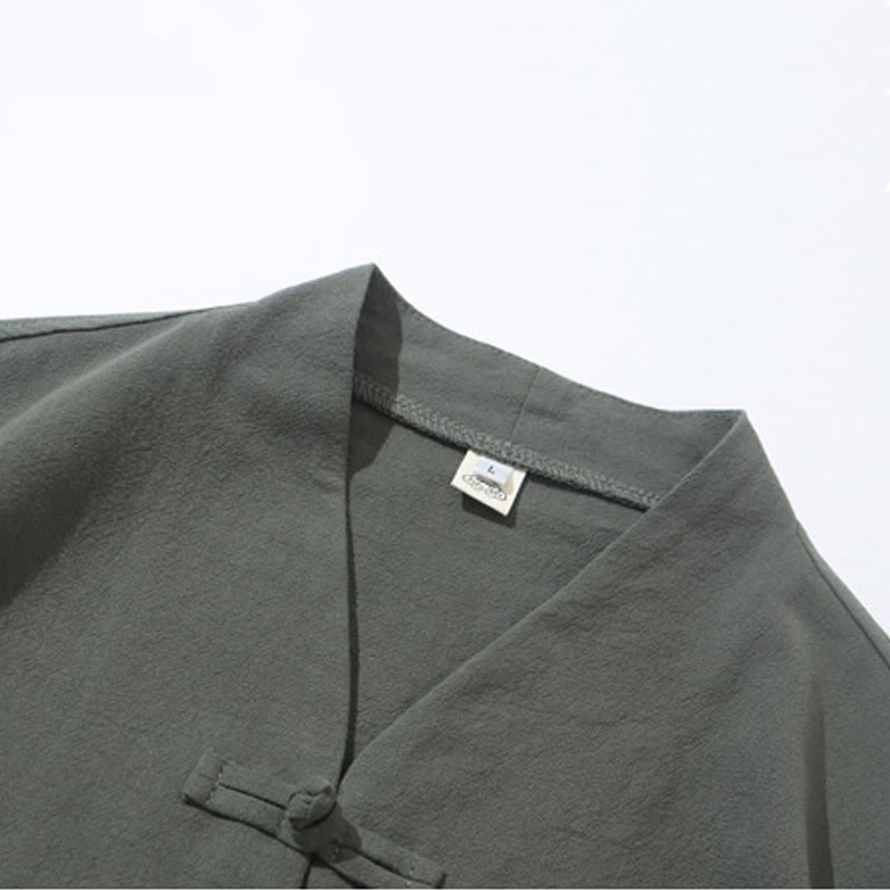 Ensemble 2 pièces de costume Tang à Buddha Stones de grenouille, chemise et pantalon avec poches, en coton et lin, pour homme, tenue de méditation - image 9