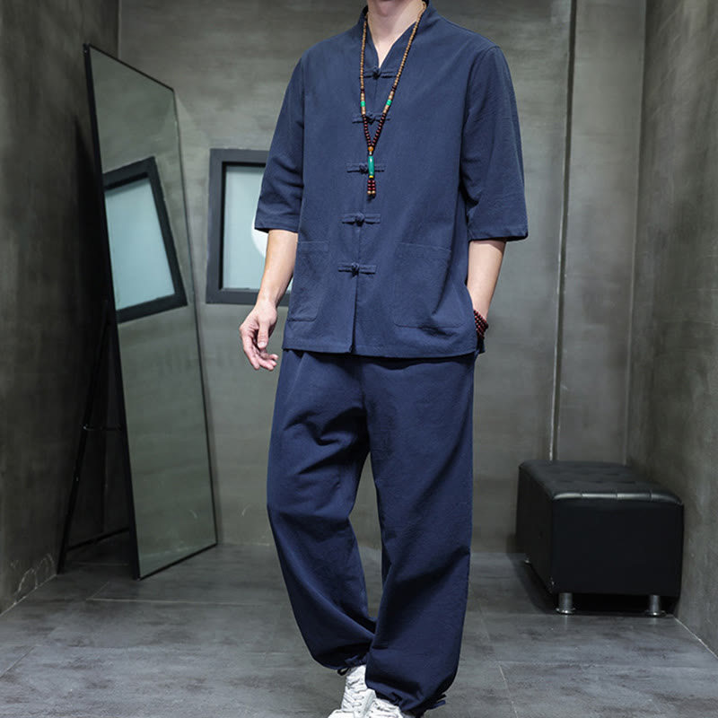 Ensemble 2 pièces de costume Tang à Buddha Stones de grenouille, chemise et pantalon avec poches, en coton et lin, pour homme, tenue de méditation - SteelBlue - US/UK/AU46，EU56 (5XL) - image 13