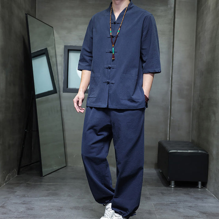 Ensemble 2 pièces de costume Tang à Buddha Stones de grenouille, chemise et pantalon avec poches, en coton et lin, pour homme, tenue de méditation - SteelBlue - US/UK/AU46，EU56 (5XL) - image 13