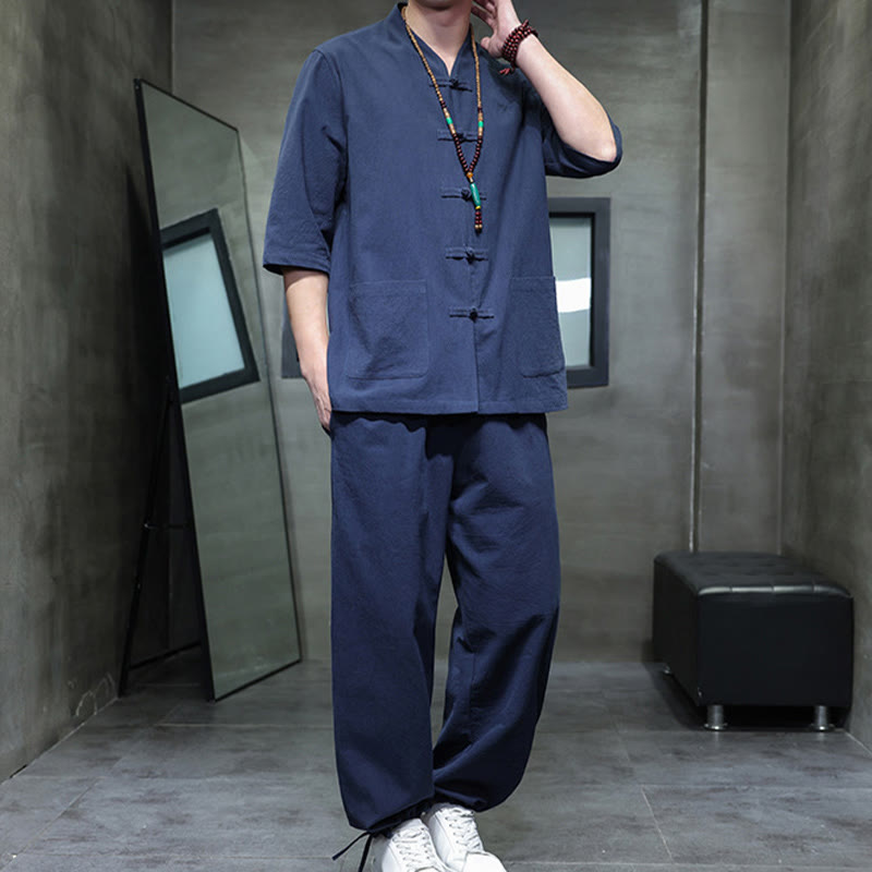 Ensemble 2 pièces de costume Tang à Buddha Stones de grenouille, chemise et pantalon avec poches, en coton et lin, pour homme, tenue de méditation - image 19