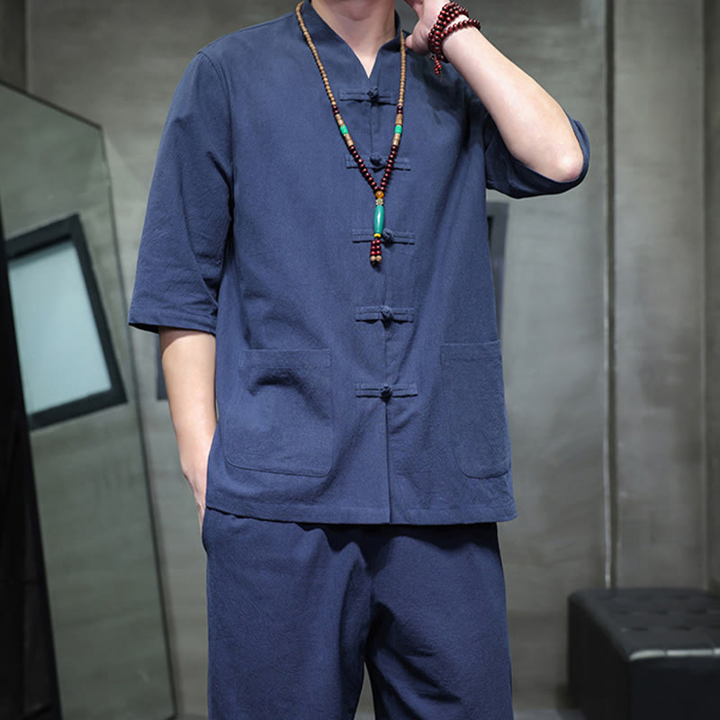 Ensemble 2 pièces de costume Tang à Buddha Stones de grenouille, chemise et pantalon avec poches, en coton et lin, pour homme, tenue de méditation - image 20