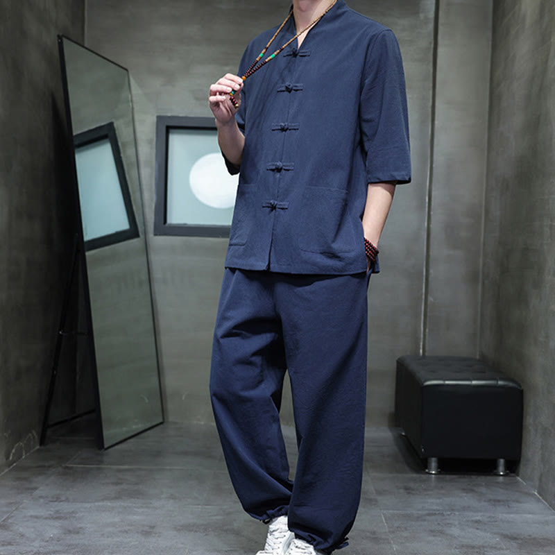 Ensemble 2 pièces de costume Tang à Buddha Stones de grenouille, chemise et pantalon avec poches, en coton et lin, pour homme, tenue de méditation - image 18