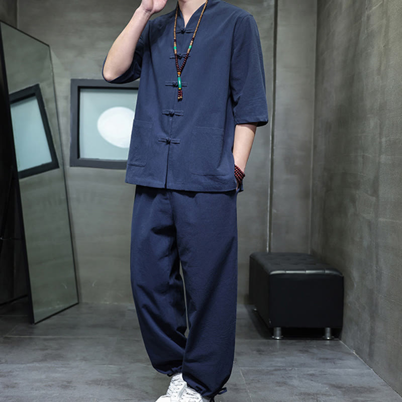 Ensemble 2 pièces de costume Tang à Buddha Stones de grenouille, chemise et pantalon avec poches, en coton et lin, pour homme, tenue de méditation - image 17