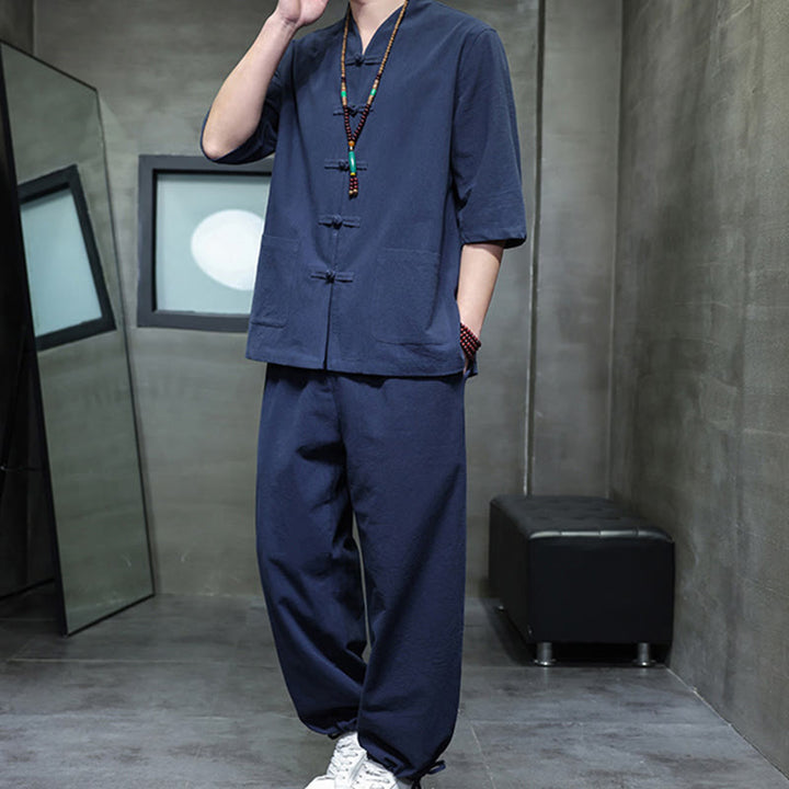 Ensemble 2 pièces de costume Tang à Buddha Stones de grenouille, chemise et pantalon avec poches, en coton et lin, pour homme, tenue de méditation - image 17