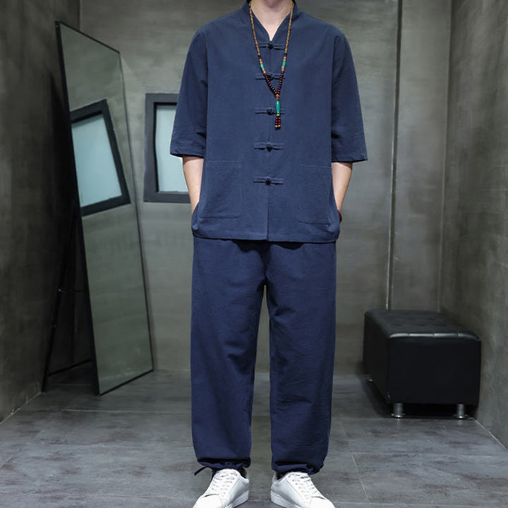 Ensemble 2 pièces de costume Tang à Buddha Stones de grenouille, chemise et pantalon avec poches, en coton et lin, pour homme, tenue de méditation - image 14