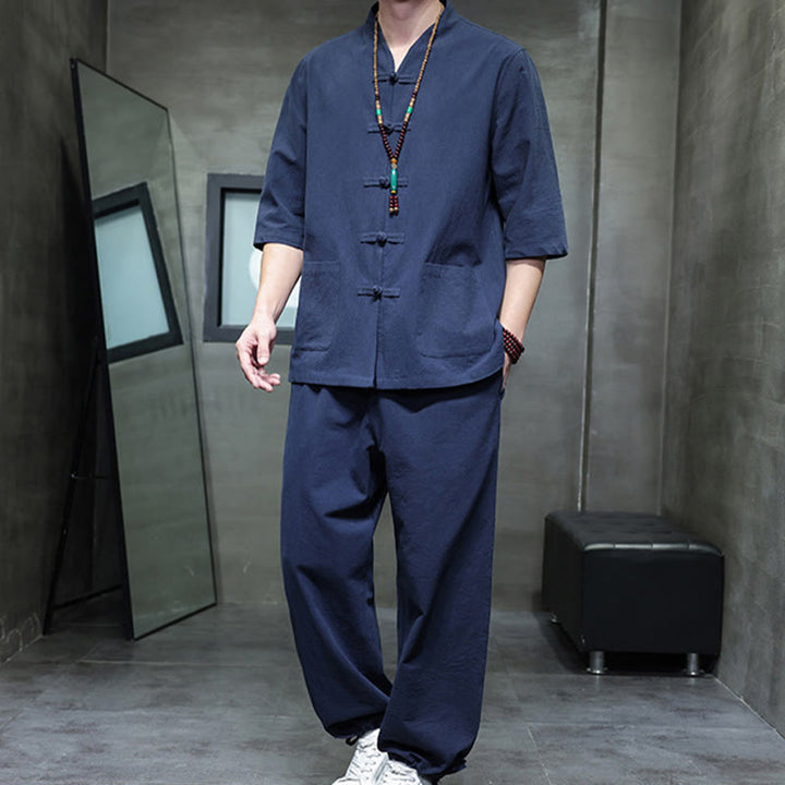 Ensemble 2 pièces de costume Tang à Buddha Stones de grenouille, chemise et pantalon avec poches, en coton et lin, pour homme, tenue de méditation - image 16