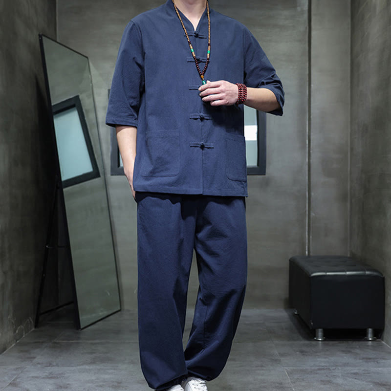 Ensemble 2 pièces de costume Tang à Buddha Stones de grenouille, chemise et pantalon avec poches, en coton et lin, pour homme, tenue de méditation - image 15