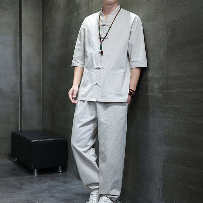 Ensemble 2 pièces de costume Tang à Buddha Stones de grenouille, chemise et pantalon avec poches, en coton et lin, pour homme, tenue de méditation - Neige - US/UK/AU46，EU56 (5XL) - image 21