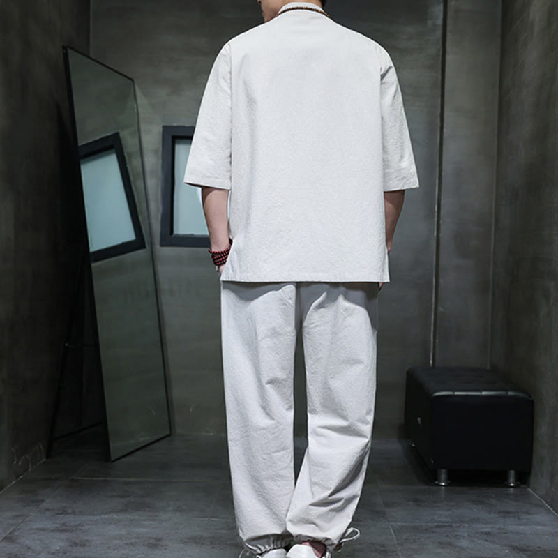 Ensemble 2 pièces de costume Tang à Buddha Stones de grenouille, chemise et pantalon avec poches, en coton et lin, pour homme, tenue de méditation - image 22